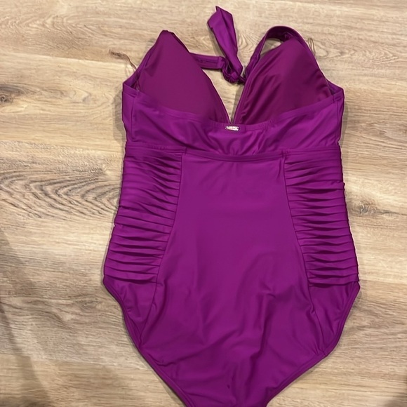 Calvin Klein Women's Dragon Fruit Pleated Halter One-Piece Swimsuit, Pink, 14 - Picture 4 of 4